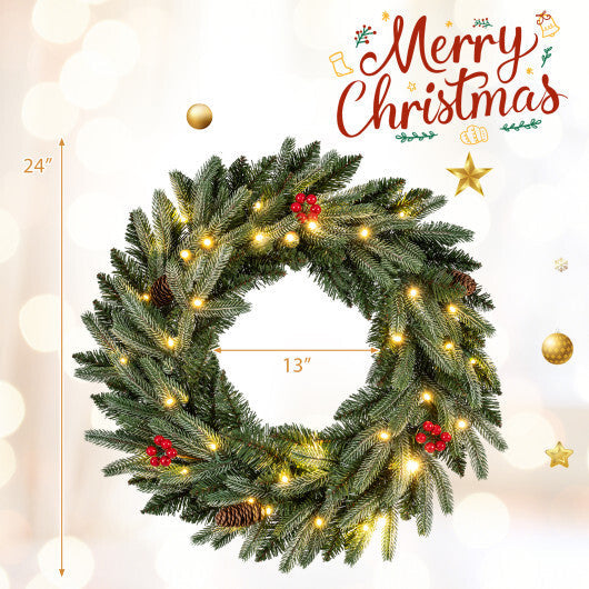 24"  Pre-lit Christmas Wreath Set of 2 Front Door Artificial Xmas Wreath with 90 Frosted Branch Tips LuxuryLifeWay Online Store