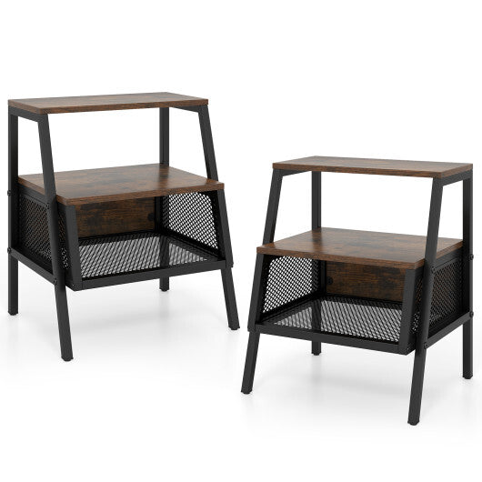 Industrial Nightstand 3-Tier End Table Set of 2 with 2 Open Shelves and Metal Mesh Compartment-Rustic Brown LuxuryLifeWay Online Store