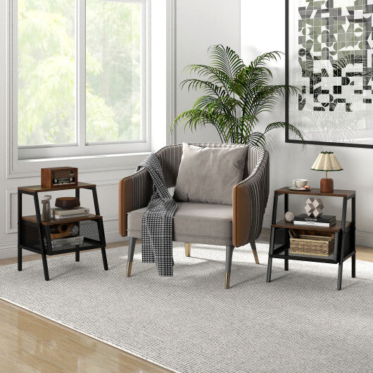 Industrial Nightstand 3-Tier End Table Set of 2 with 2 Open Shelves and Metal Mesh Compartment-Rustic Brown LuxuryLifeWay Online Store