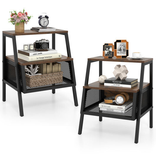 Industrial Nightstand 3-Tier End Table Set of 2 with 2 Open Shelves and Metal Mesh Compartment-Rustic Brown LuxuryLifeWay Online Store