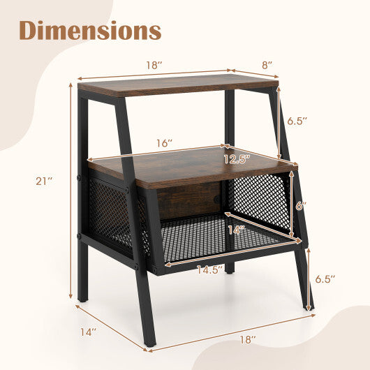 Industrial Nightstand 3-Tier End Table Set of 2 with 2 Open Shelves and Metal Mesh Compartment-Rustic Brown LuxuryLifeWay Online Store