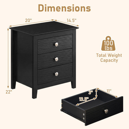 Modern Farmhouse 3-Drawer Night Stand with Wood Grain Accents for Bedroom-Black LuxuryLifeWay Online Store