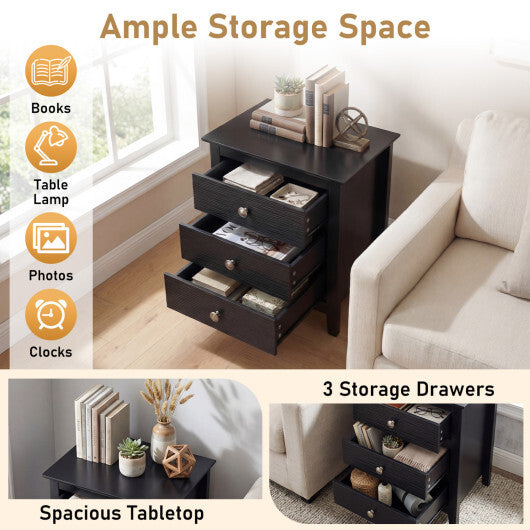 Modern Farmhouse 3-Drawer Night Stand with Wood Grain Accents for Bedroom-Black LuxuryLifeWay Online Store