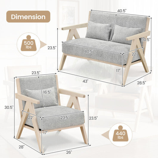 3 Pieces Living Room Furniture Set with Rubber Wood Frame-Gray LuxuryLifeWay Online Store