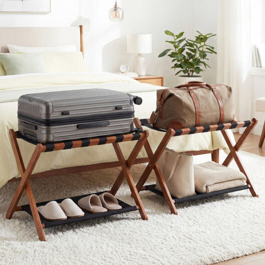 Solid Rubberwood Folding Luggage Rack with Nylon Shelves Set of 2-Brown LuxuryLifeWay Online Store