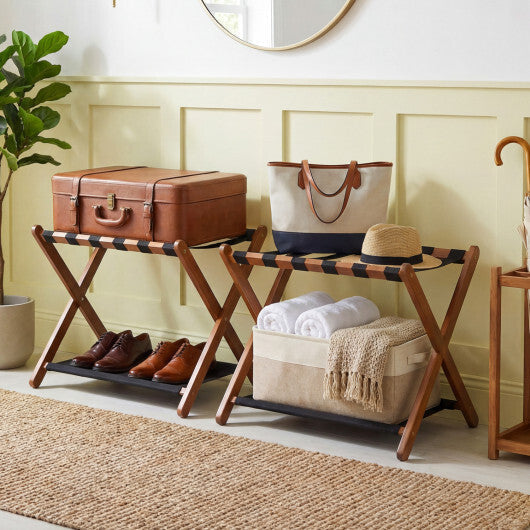 Solid Rubberwood Folding Luggage Rack with Nylon Shelves Set of 2-Brown LuxuryLifeWay Online Store