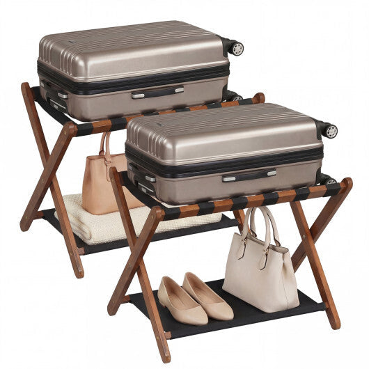 Solid Rubberwood Folding Luggage Rack with Nylon Shelves Set of 2-Brown LuxuryLifeWay Online Store