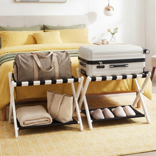 Solid Rubberwood Folding Luggage Rack with Nylon Shelves Set of 2-Brown LuxuryLifeWay Online Store