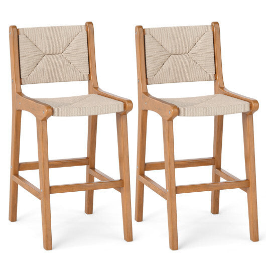 Set of 2 Outdoor Counter Height Bar Stool Woven Paper Rope Patio Barstool with Teak Wood Frame LuxuryLifeWay Online Store