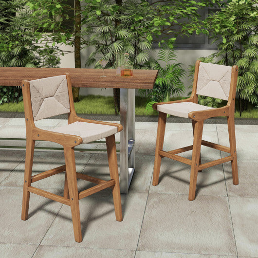 Set of 2 Outdoor Counter Height Bar Stool Woven Paper Rope Patio Barstool with Teak Wood Frame LuxuryLifeWay Online Store