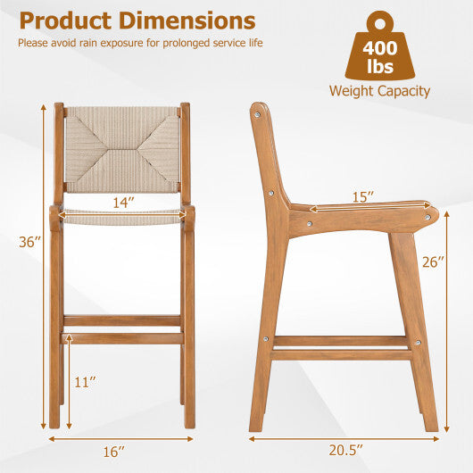Set of 2 Outdoor Counter Height Bar Stool Woven Paper Rope Patio Barstool with Teak Wood Frame LuxuryLifeWay Online Store
