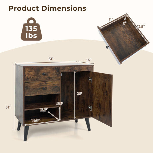 Set of 2 31" Buffet Cabinet with 2 Drawers and Open Compartments for Kitchen-Rustic Brown
