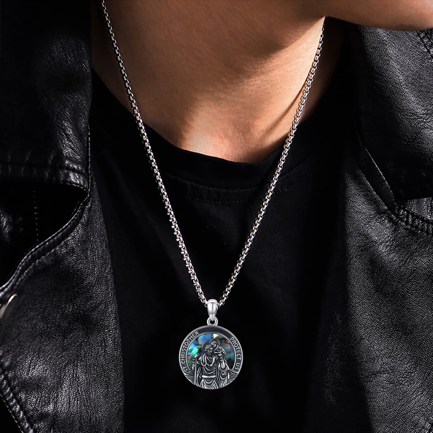 Sterling Silver Round Medal Saint Christopher Pendant Necklace as Catholic Christmas Gifts LadyShow.Store