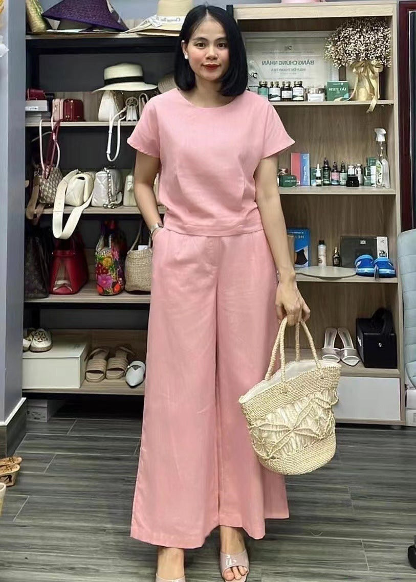 European And American Women's Linen Casual Loose Solid Color Suit Two-piece Women LadyShow.Store