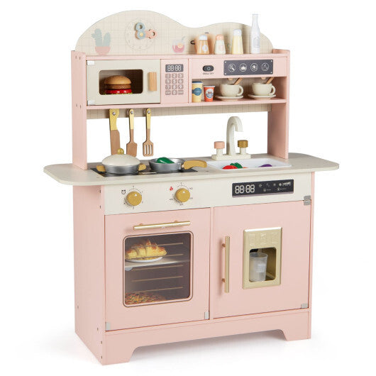 Kids Kitchen Playset with 17 Pcs Accessories and Oven Ice Maker and Stove-Pink LuxuryLifeWay Online Store