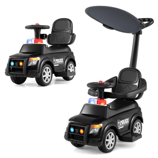 3-in-1 Toddler Push Car with Handle and Canopy Sliding Police Car with Siren-Black LuxuryLifeWay Online Store