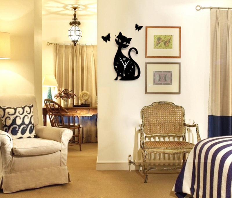 Quartz wall clock bedroom living room wall clock creative cute black cat wall sticker clock PearlNestDecor.com