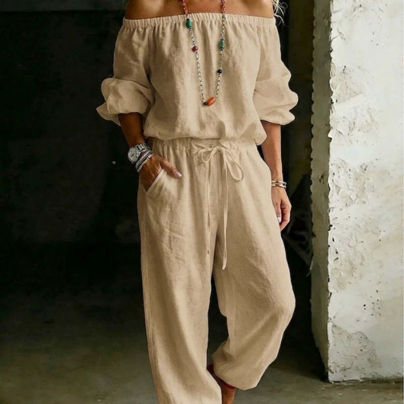 One-shoulder Top And Casual Drawstring Jogger Pants Jumpsuit Set NorixaFashion.com