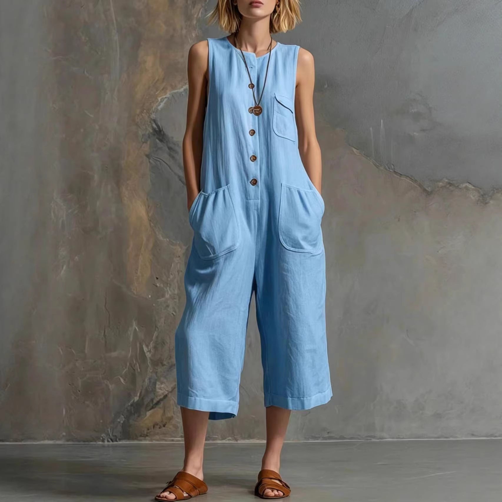 Retro Sleeveless Cotton-Linen Wide-Leg Cropped Jumpsuit LadyShow.Store