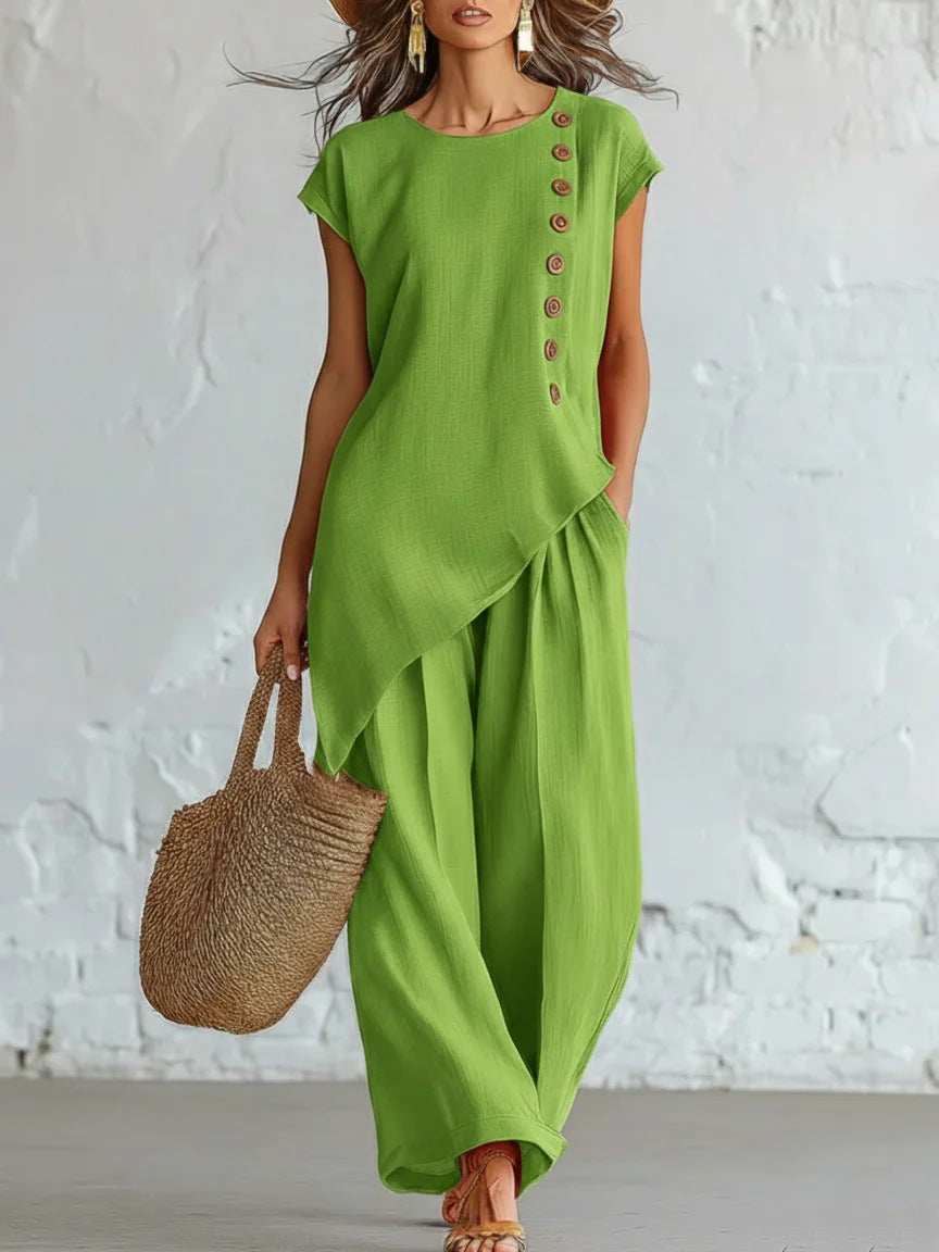 Womens Solid-Color Crew-Neck Buttoned Short-Sleeve Wide-Leg Pants Set NorixaFashion.com