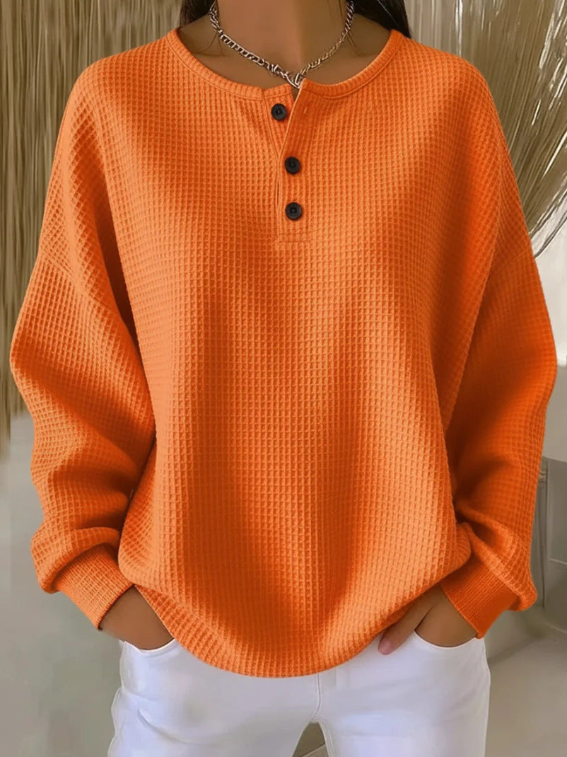 Ins Waffle Long-sleeved T-shirt Fashion Solid Color Buttons Round Neck Pullover Top Women's Clothing NorixaFashion.com