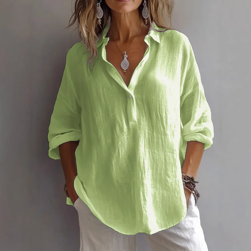 Fashion Long-sleeved Lapel Pullover Shirt Casual Loose Solid Color T-shirt Tops Women's Clothing NorixaFashion.com