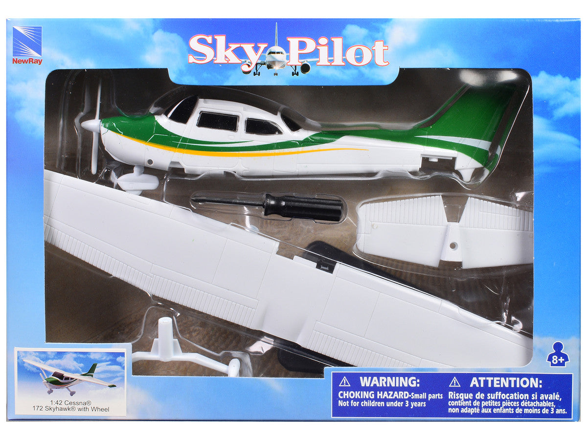 Model Kit Cessna 172 Skyhawk Aircraft White with Green and Yellow Stripes "Sky Pilot" Series 1/42 Plastic Model Kit by New Ray LuxuryLifeWay Online Store
