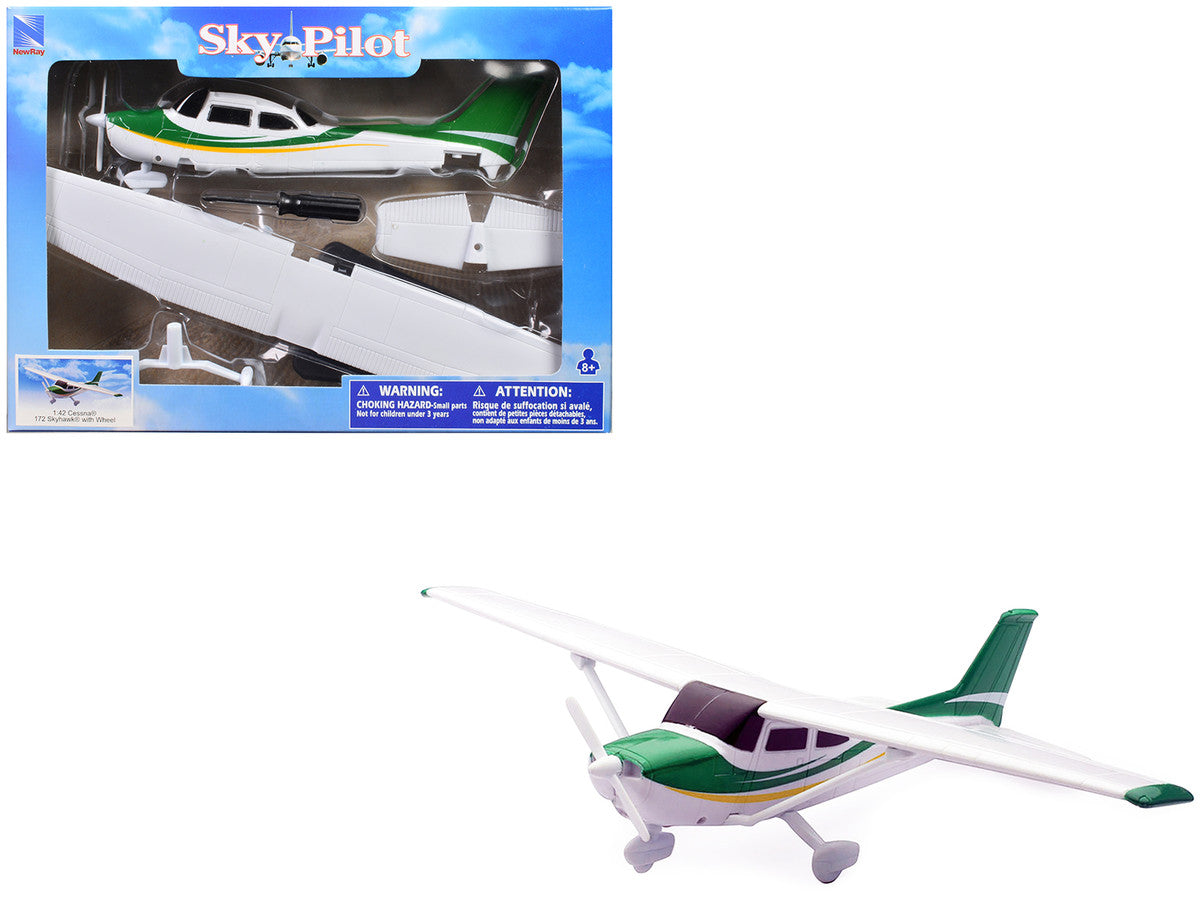 Model Kit Cessna 172 Skyhawk Aircraft White with Green and Yellow Stripes "Sky Pilot" Series 1/42 Plastic Model Kit by New Ray LuxuryLifeWay Online Store