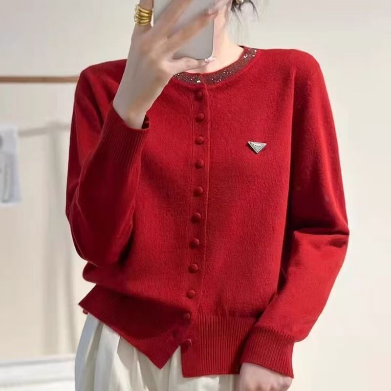 Womens Round-Neck, Diamond-Embellished, Solid-Colored Knit Cardigan LadyShow.Store