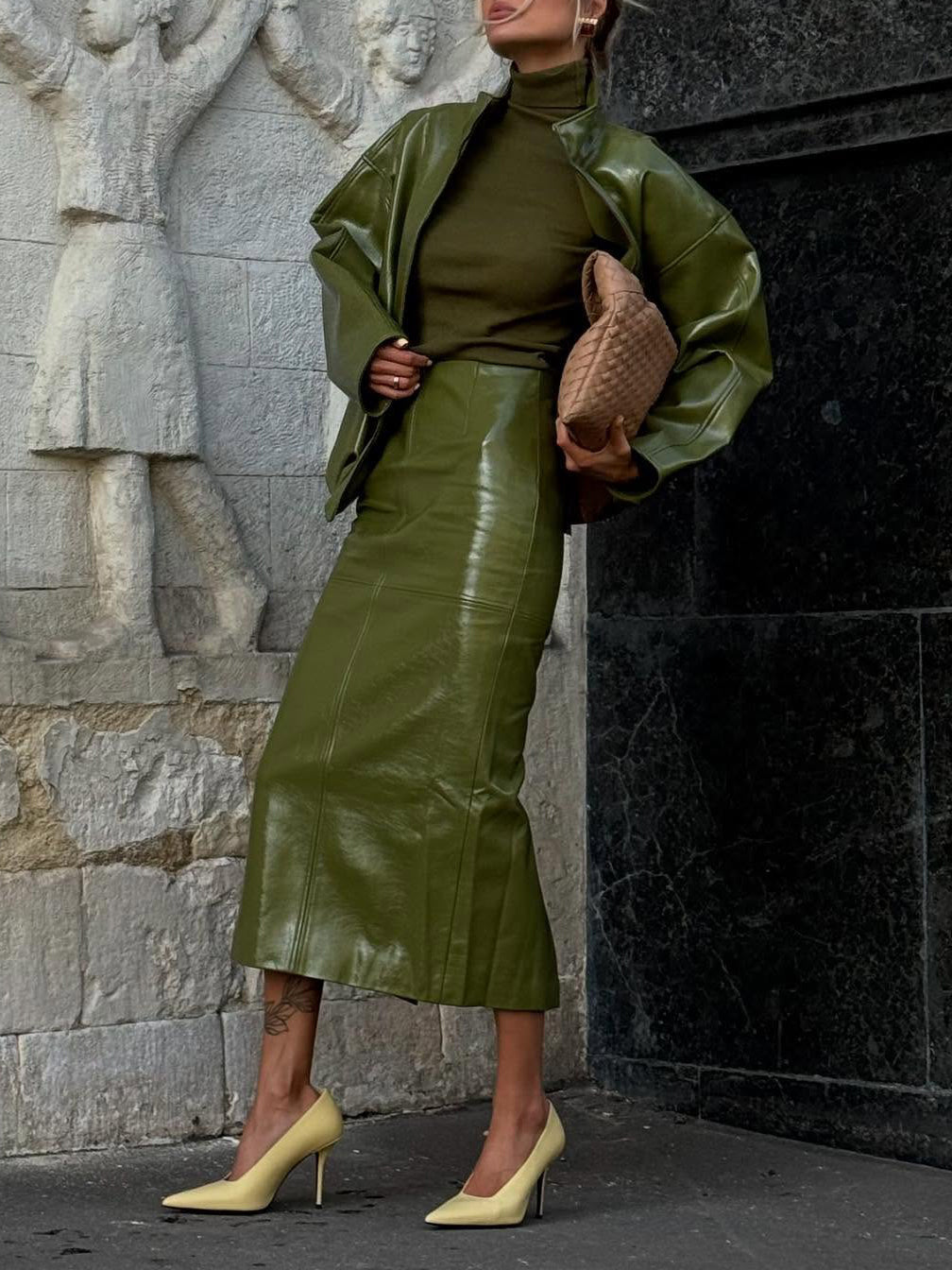 Olive Green Faux Leather Jacket And Midi Skirt Set NorixaFashion.com