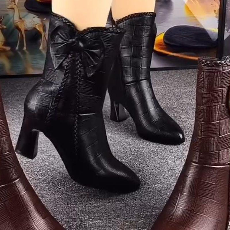 New Fallwinter Velvet Lined Fashion Leather Boots Mid Calf High Heeled Boots LadyShow.Store