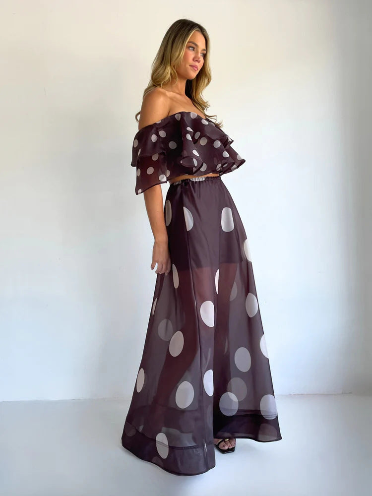 Sexy Strapless Irregular Print Ruffled Fashion Suit Long Dress NorixaFashion.com