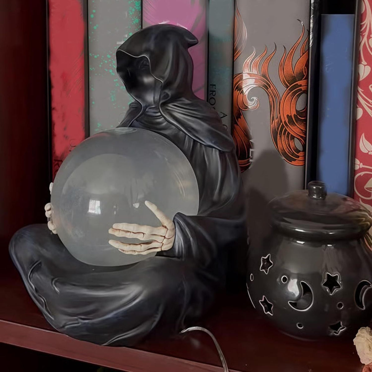 Crystal Ball Gothic Black Robe Death Sculpture PearlNestDecor.com
