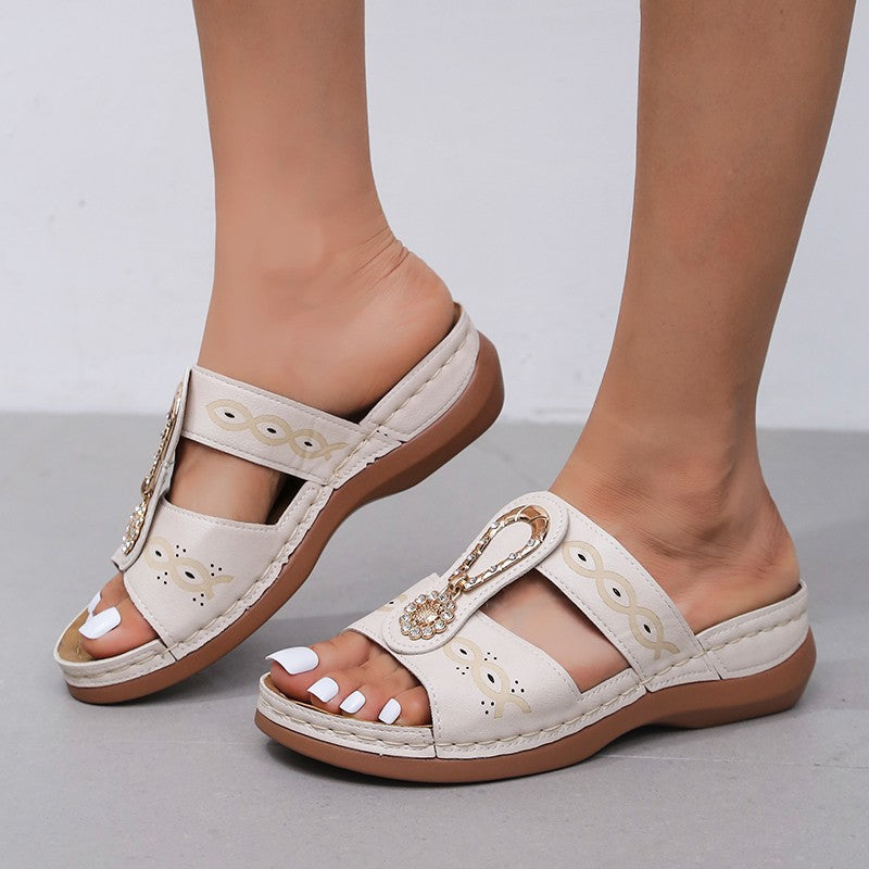 Plus Size Flat Wedge Heel Cutout Rhinestone Embroidered Ladies Sandals LadyShow.Store