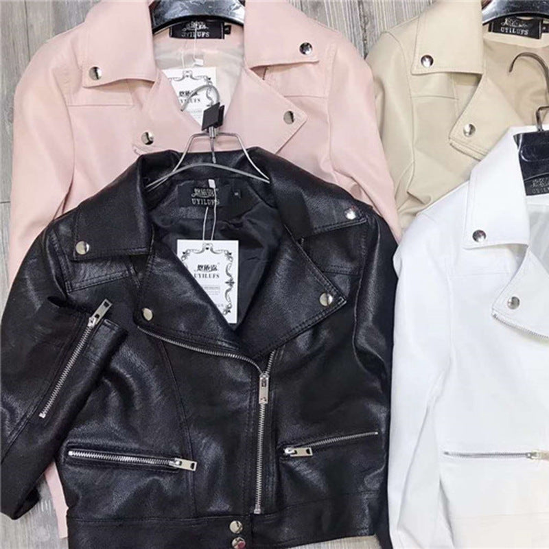 Motorcycle Leather Women's Short Slim Fit Plus Size Washed Leather Jacket LadyShow.Store