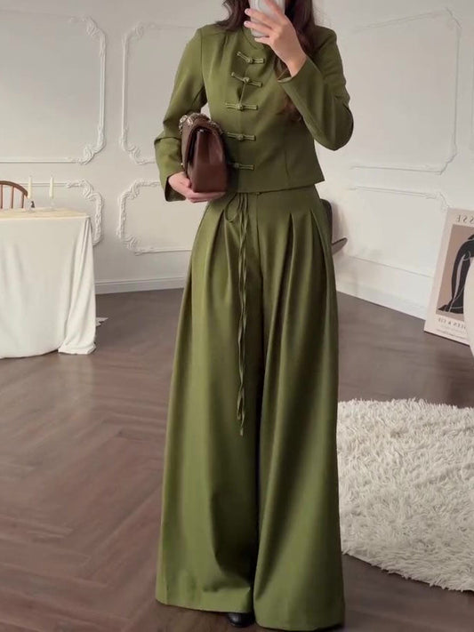 Mandarin Collar Knot Crop Top & Drawstring Wide Leg Pants 2-Piece Set NorixaFashion.com
