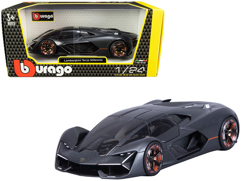 Lamborghini Terzo Millennio Dark Gray Metallic with Black Top and Carbon Accents 1/24 Diecast Model Car by Bburago LuxuryLifeWay Online Store