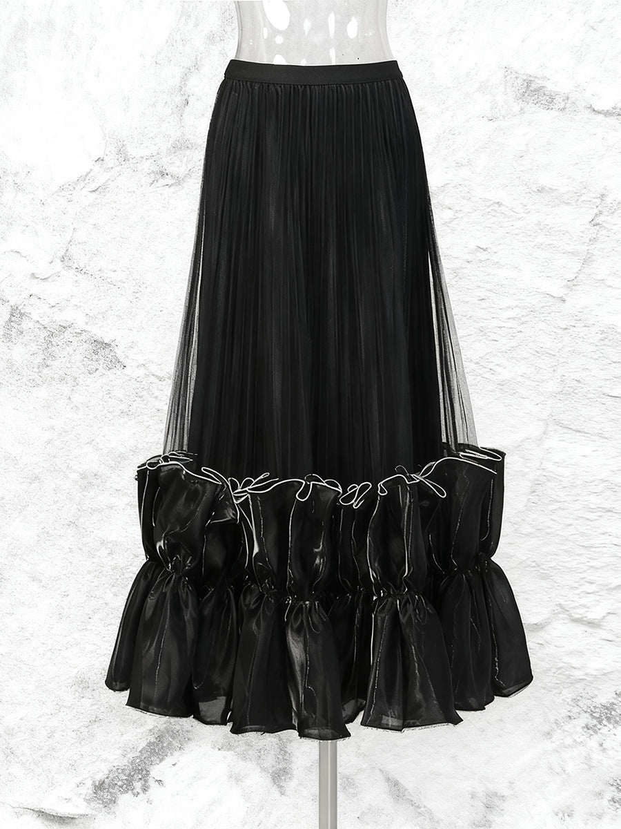 High Waist Pleated Ruffle Hem Midi Skirt NorixaFashion.com