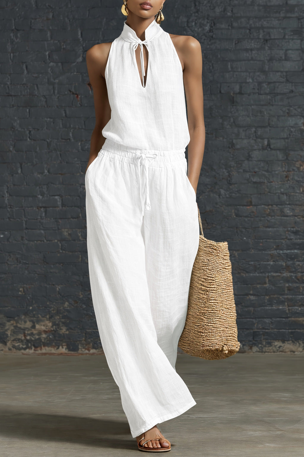 Urban-style Cotton And Linen Top And Wide-leg Pants Set NorixaFashion.com