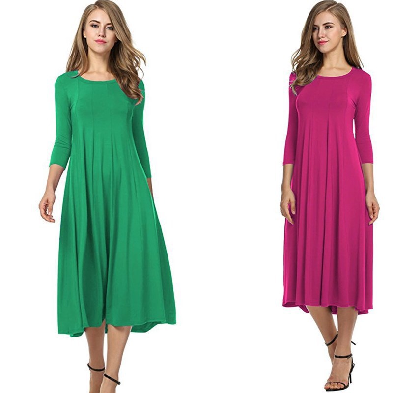 Crew Neck Sleeve Solid Color Swing Dress LuxuryLifeWay Online Store