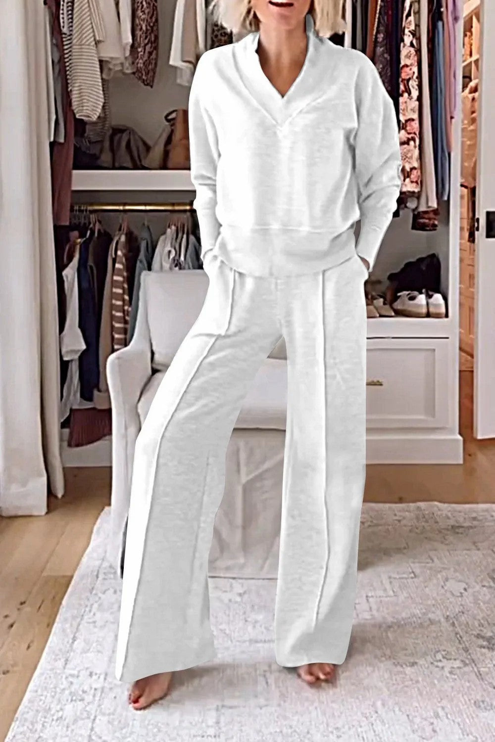 V-neck Long Sleeve Loose Top Wide Leg Pants Two-piece Set NorixaFashion.com
