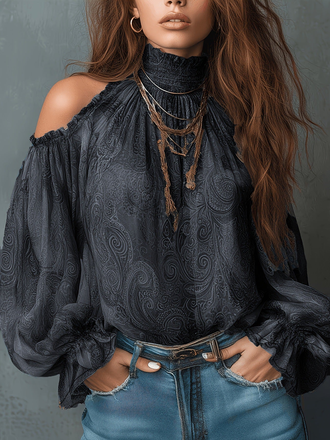 Retro Cashew-print High-neck Off-shoulder Chiffon Blouse NorixaFashion.com