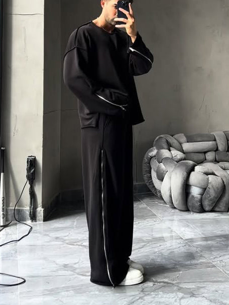 Black Side Zip Detail Oversized Sweatshirt & Wide-Leg Pants Set NorixaFashion.com