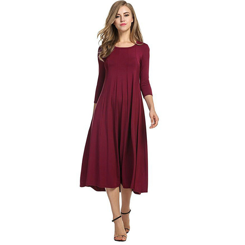 Crew Neck Sleeve Solid Color Swing Dress LuxuryLifeWay Online Store