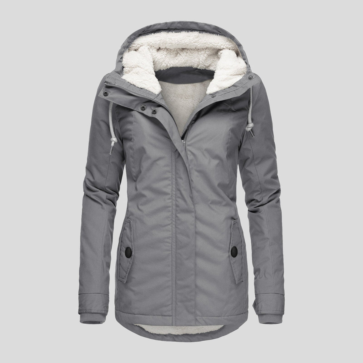 Winter Hooded Jacket Solid Color Warm Buckle Zip-up Fleece Jacket With Pockets Women's Casual Jacket LadyShow.Store