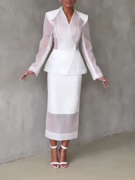 White Organza Tailored Blazer & Sheer Midi Skirt 2-Piece Set NorixaFashion.com