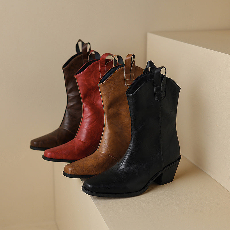Retro Square-toe V-cut Mid-calf Boots With Chunky Heels LadyShow.Store