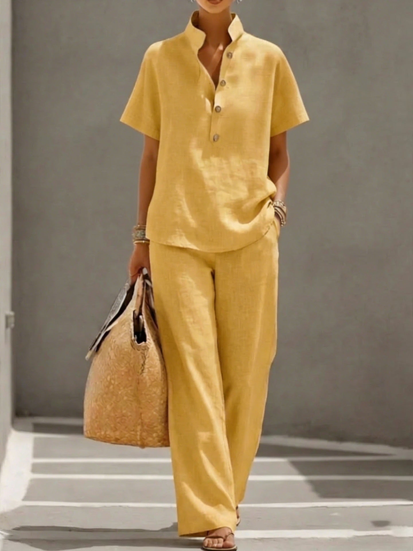 Casual Lazy-Style Cardigan Short-Sleeve Pants Solid-Color Set NorixaFashion.com