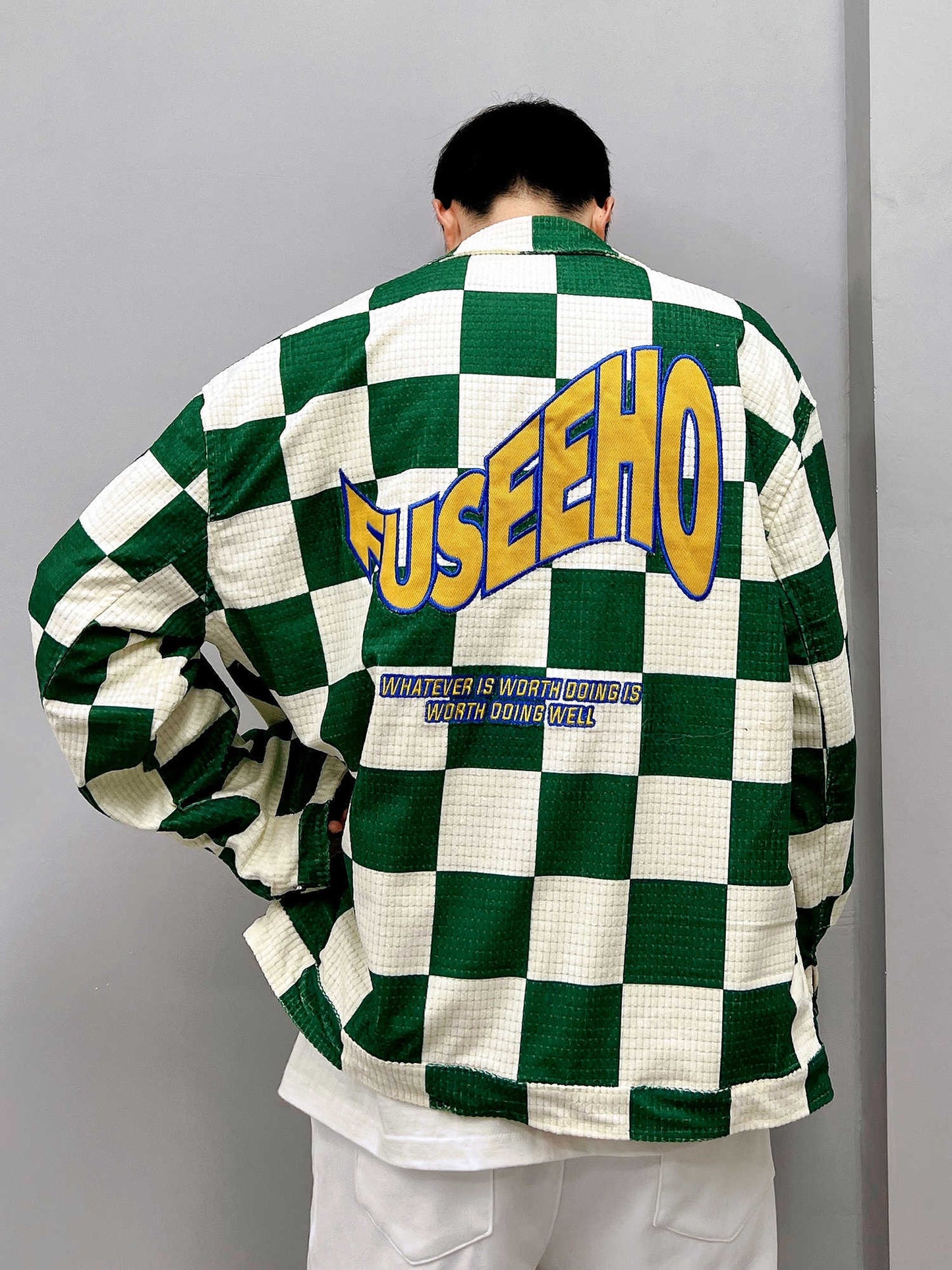 Retro Contrast Color Green Plaid Lapel Jacket Men