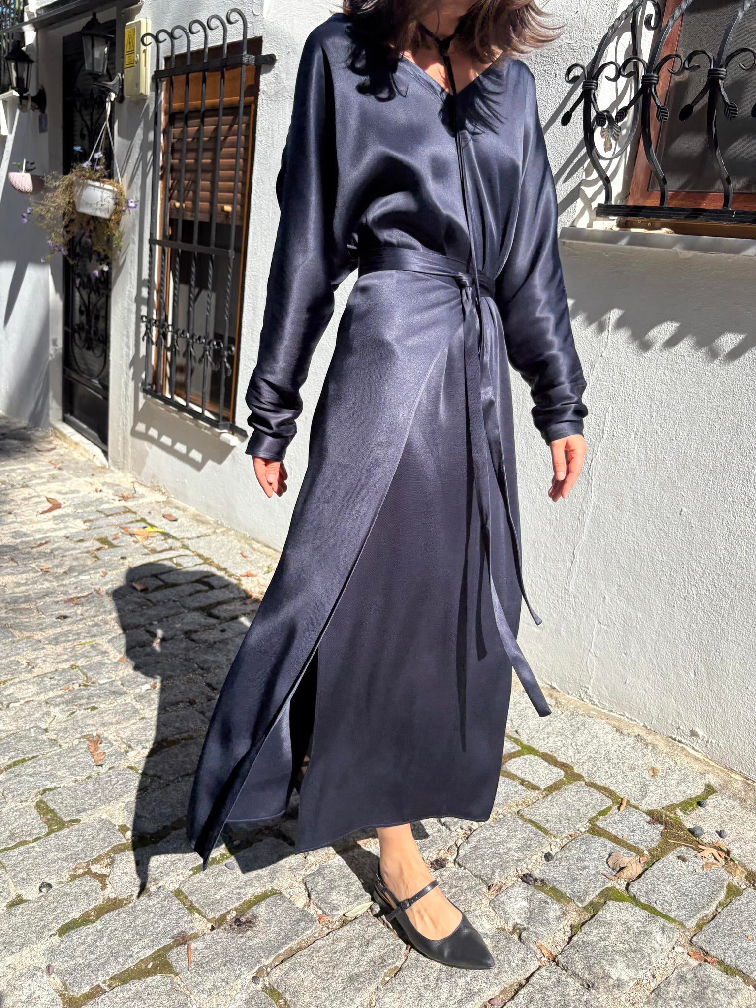 Navy Blue Satin Tie-Waist Slit Long Sleeve Maxi Dress NorixaFashion.com